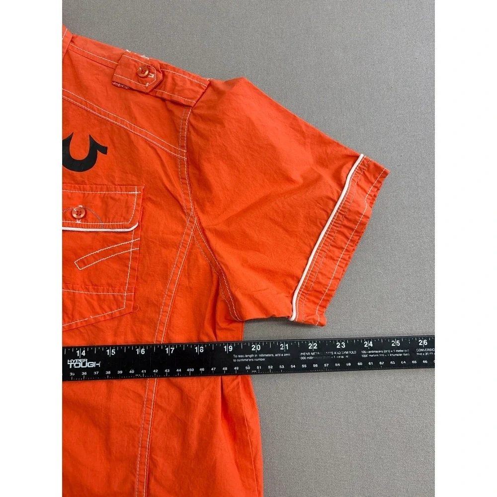 True Religion Mens Orange Short Sleeve Button Down Shirt Contrast Stitch Large